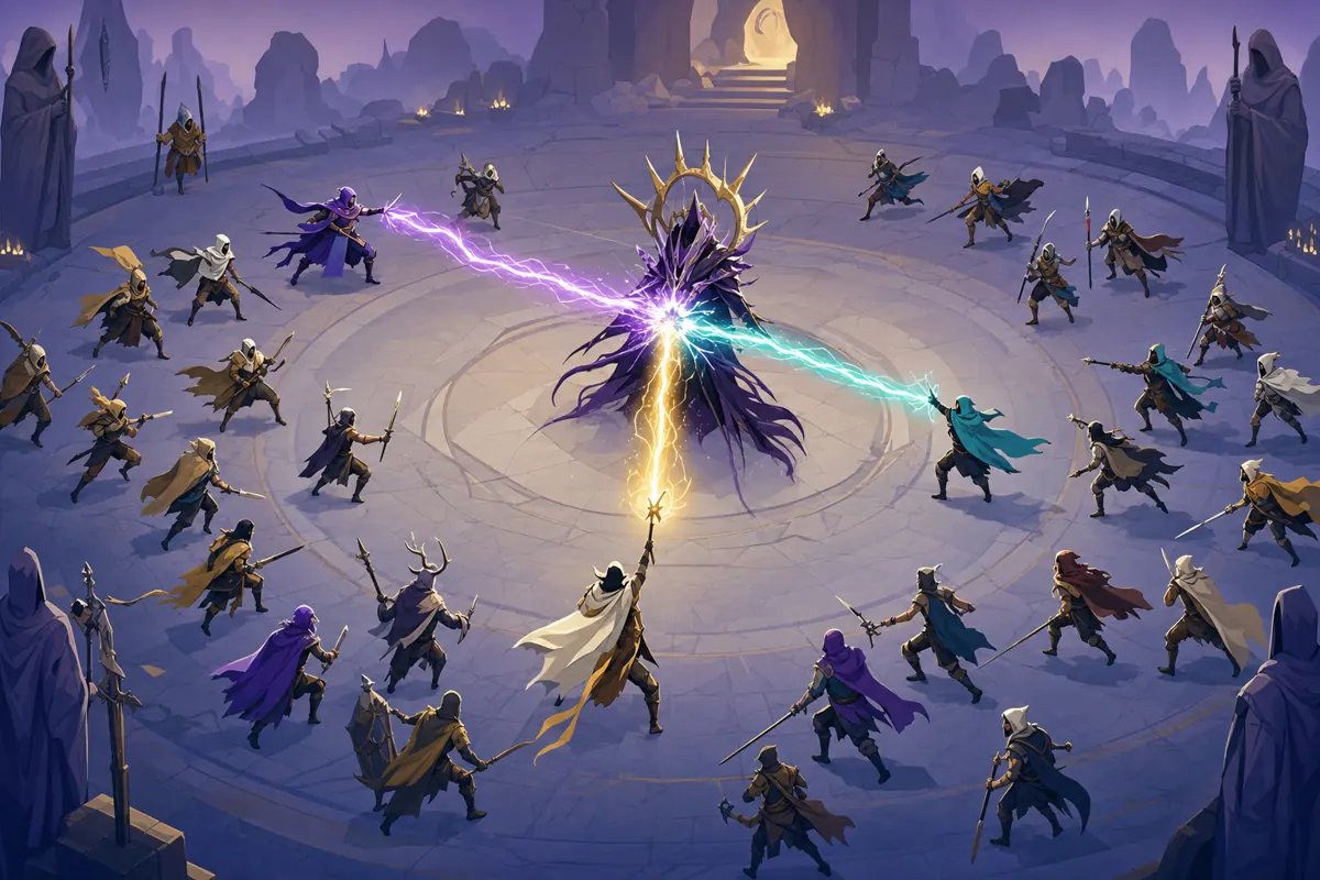 Editorial concept illustration of several 33 Immortals players combining three energy streams on one target