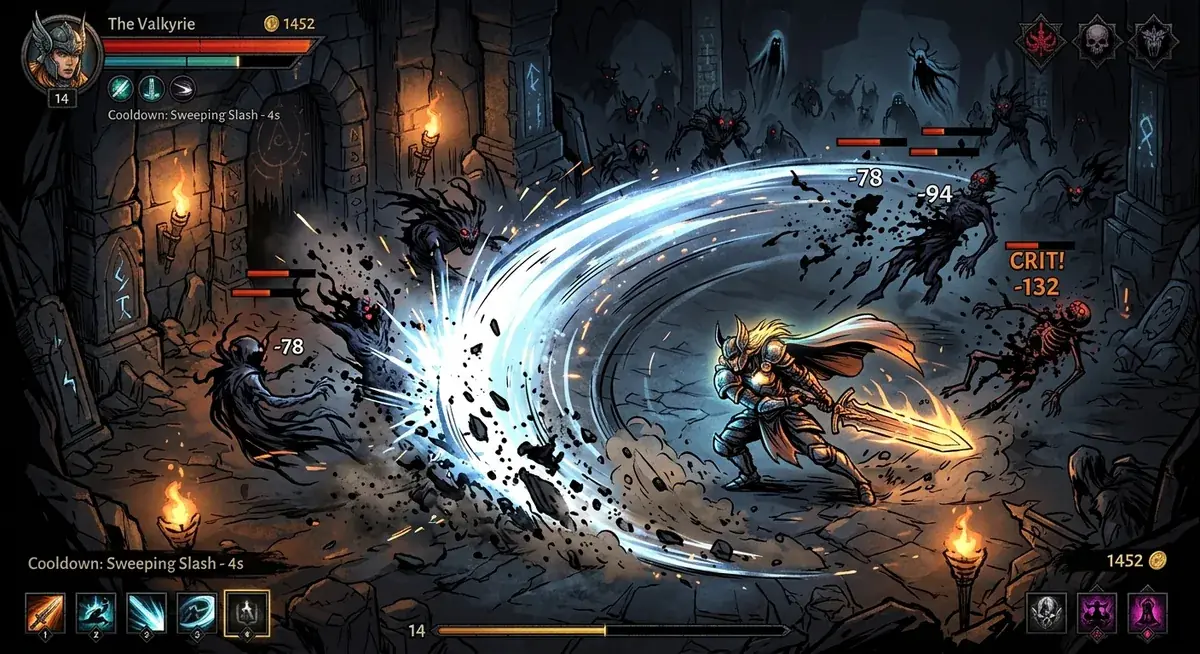 Diagram showing Sword of Justice sweeping arc hitting multiple enemy clusters with radiant cleave waves